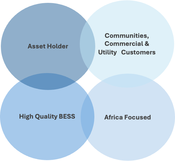 Lithicon focus areas: asset holder, high quality BESS, Africa focused, and communities, commercial and utility customers