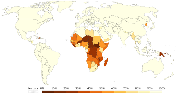 World map of electricity access by country, with sub-Saharan Africa showing the lowest access rates