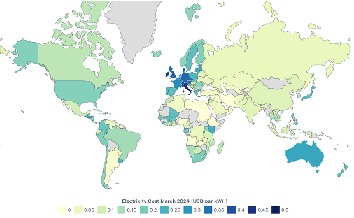 World map of electricity cost per kilowatt-hour in March 2024